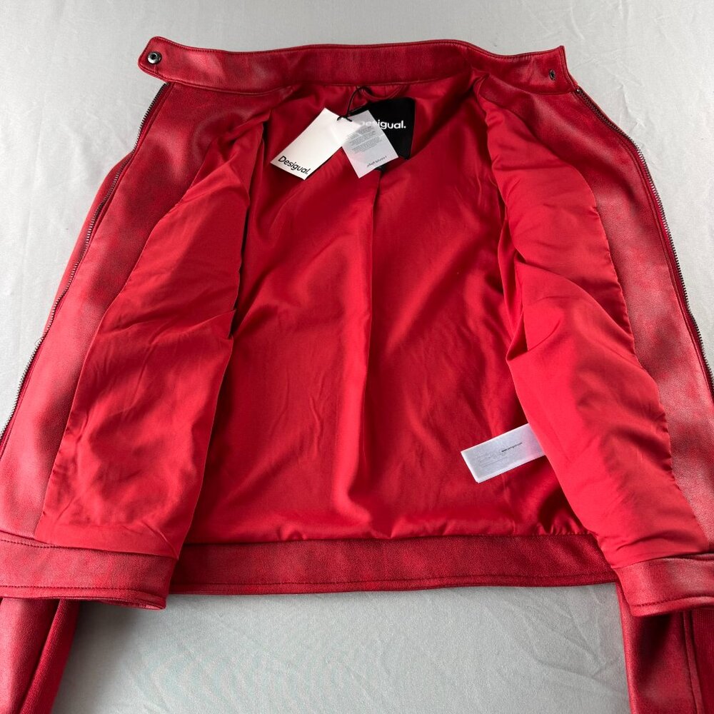 Desigual Women's Red Moto Biker Soft Faux Leather Jacket NWT Mandarin Collar L - Picture 6 of 11
